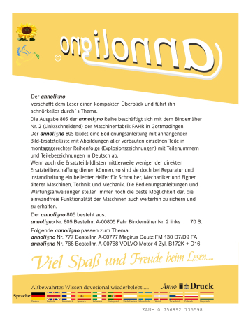FAHR Bindemäher Typ Nr. 2 (Linksschneidend) Bild- Bedienungsanleitung & Bild- Ersatzteilliste & Explosionszeichnungen - annoligno 805
